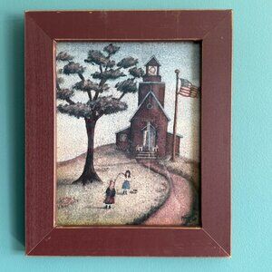 Vintage 1988 Framed Folk Art Print With Schoolhouse & Children
